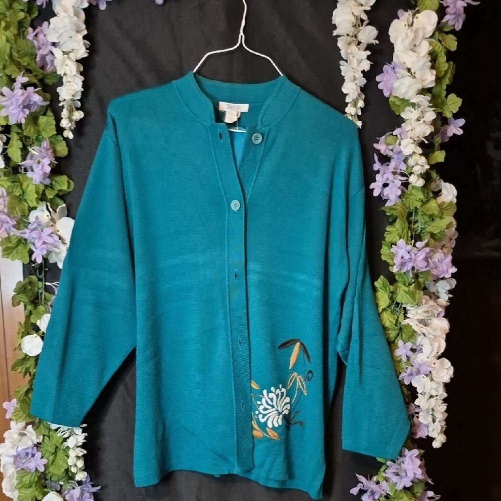 Elegant Teal Women's Cardigan with Floral Embroidery